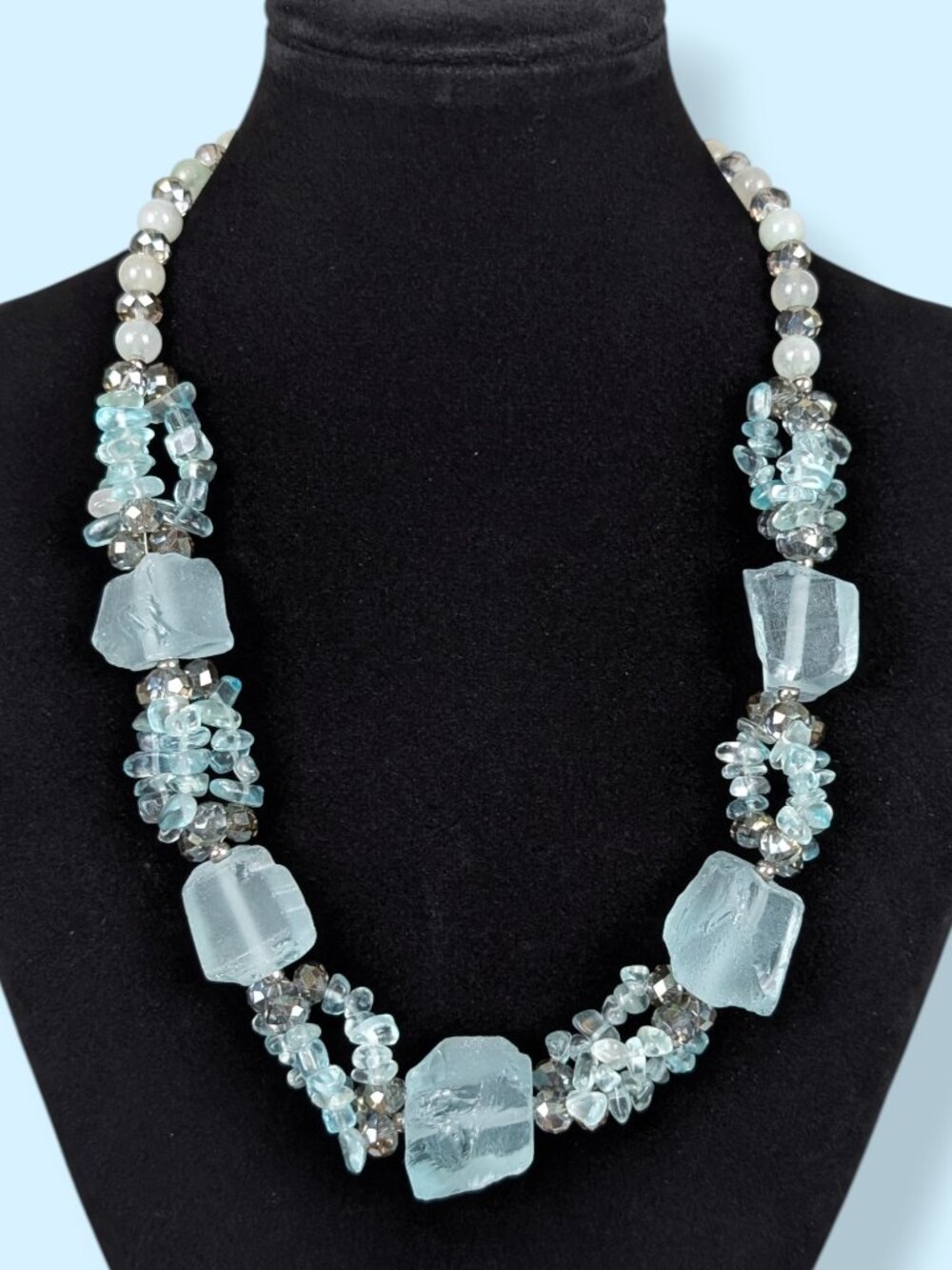 Chunky Raw Aquamarine & Smoky Crystal Beaded Necklace